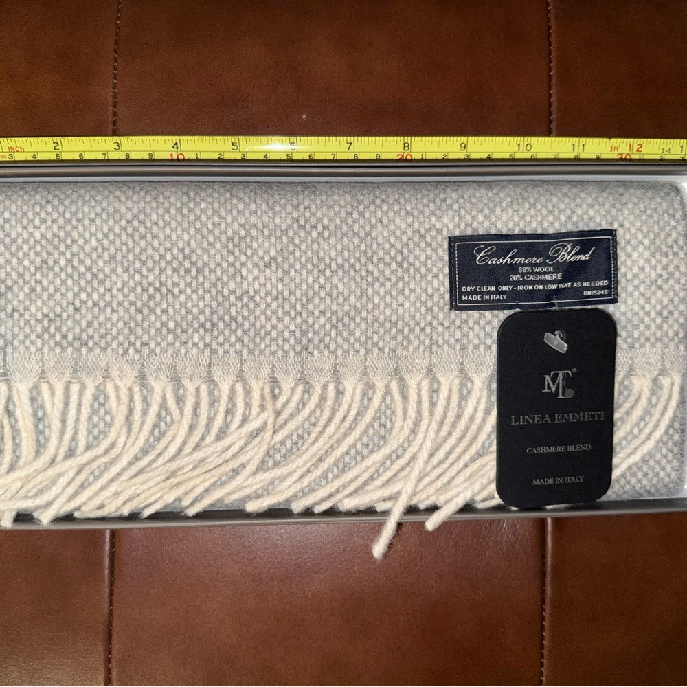 MT Linea Emmeti Cashmere Blend Cream Scarf, 12”x71”, Fringe Accent